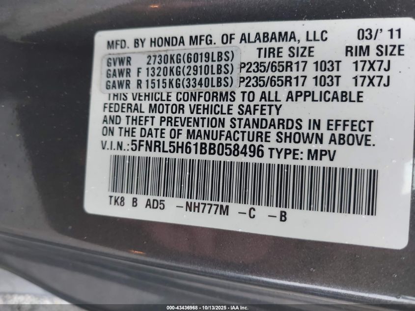 2011 Honda Odyssey Ex-L VIN: 5FNRL5H61BB058496 Lot: 43436968