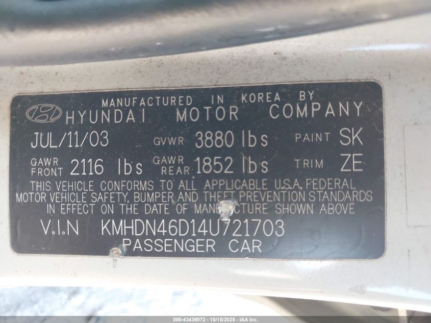 2004 Hyundai Elantra Gls/Gt VIN: KMHDN46D14U721703 Lot: 43436972