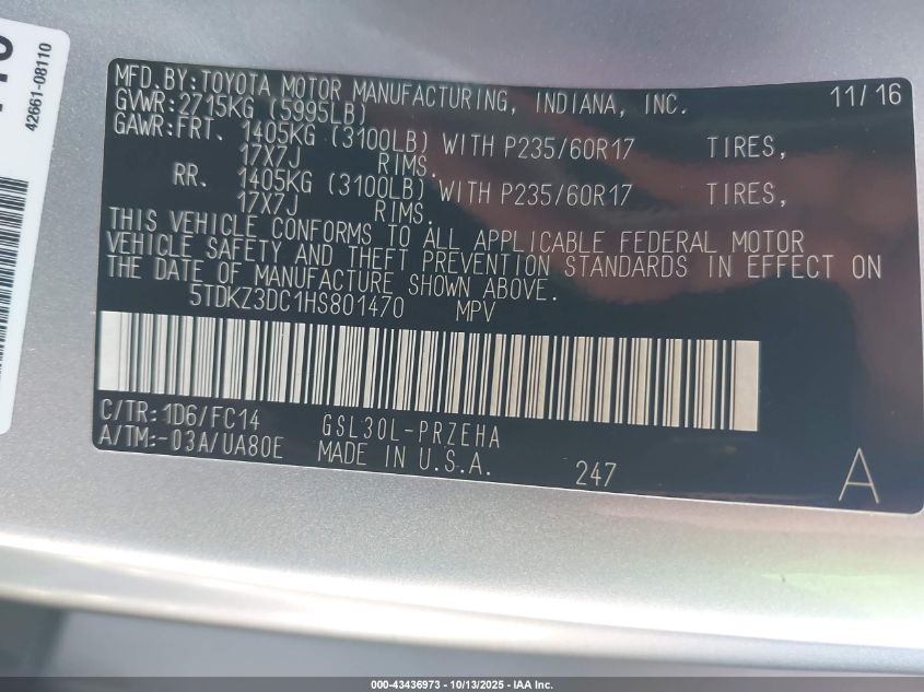 2017 Toyota Sienna Le 7 Passenger/Le 8 Passenger VIN: 5TDKZ3DC1H5801470 Lot: 43436973