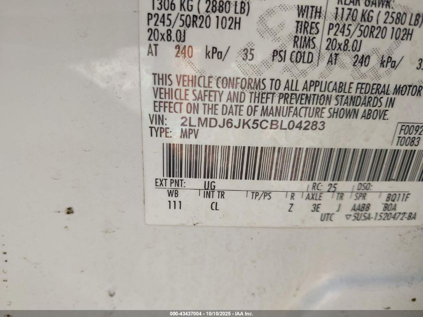 2012 Lincoln Mkx VIN: 2LMDJ6JK5CBL04283 Lot: 43437004