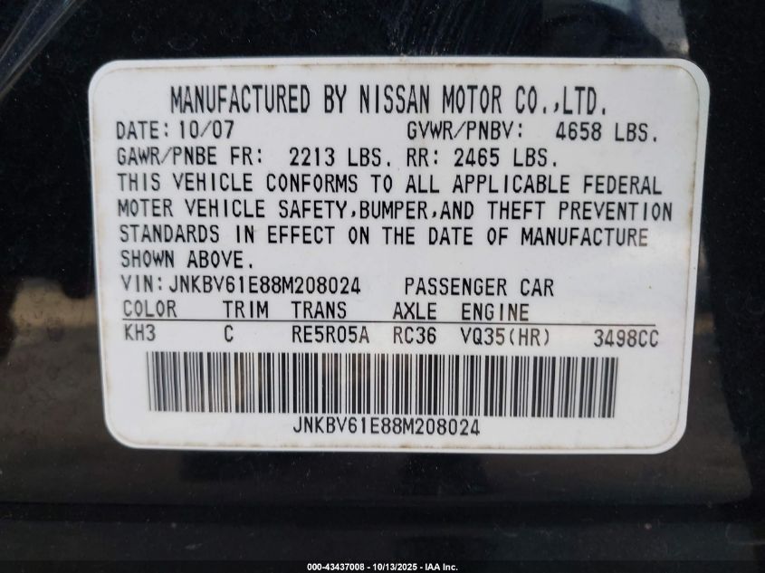 2008 Infiniti G35 Journey VIN: JNKBV61E88M208024 Lot: 43437008