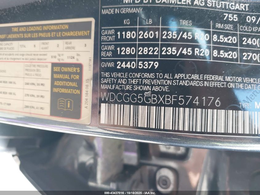 2011 Mercedes-Benz Glk 350 VIN: WDCGG5GBXBF574176 Lot: 43437016