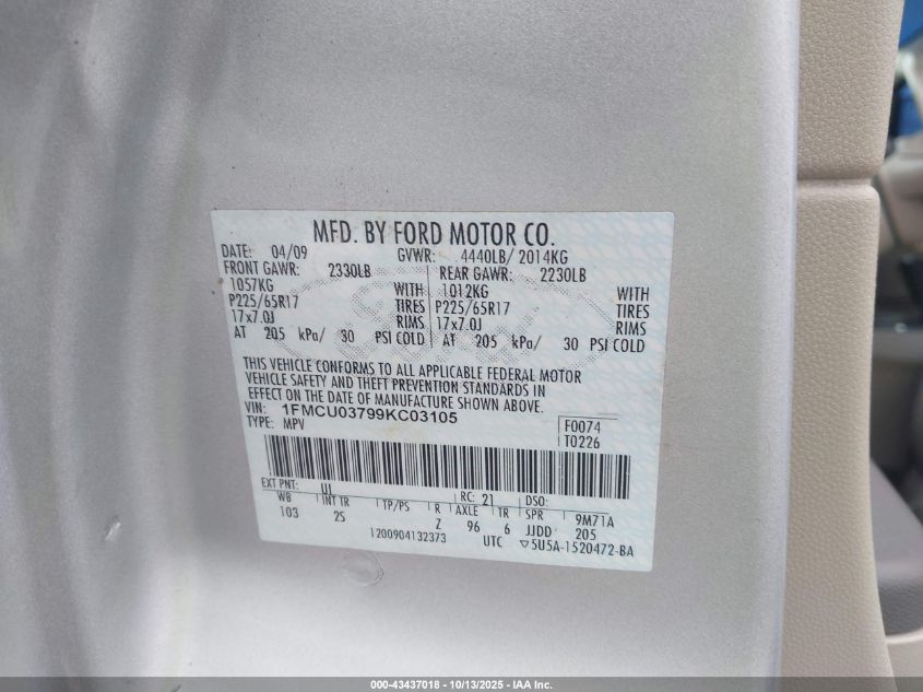 2009 Ford Escape Xlt VIN: 1FMCU03799KC03105 Lot: 43437018