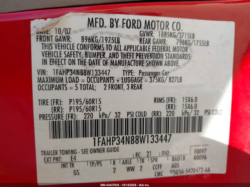 2008 Ford Focus S VIN: 1FAHP34N88W133447 Lot: 43437035