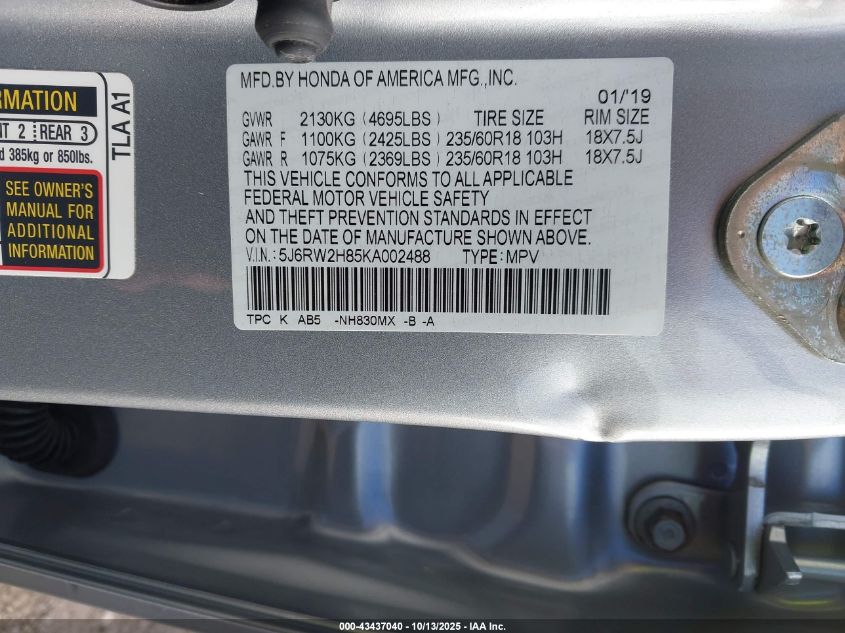 2019 Honda Cr-V Ex-L VIN: 5J6RW2H85KA002488 Lot: 43437040