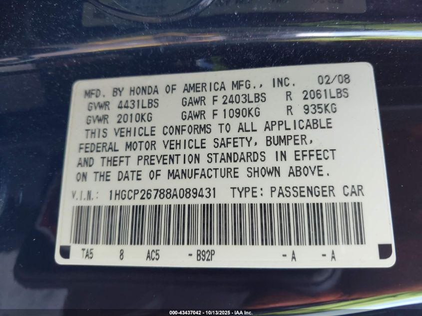 2008 Honda Accord 2.4 Ex VIN: 1HGCP26788A089431 Lot: 43437042