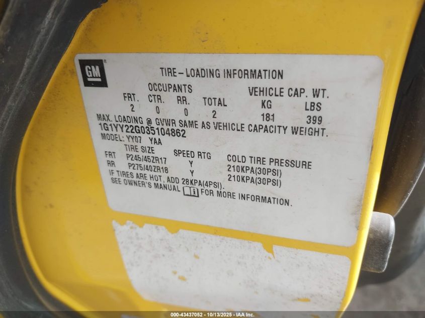 2003 Chevrolet Corvette VIN: 1G1YY22G035104862 Lot: 43437052