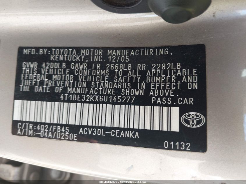 2006 Toyota Camry Le VIN: 4T1BE32KX6U145277 Lot: 43437072