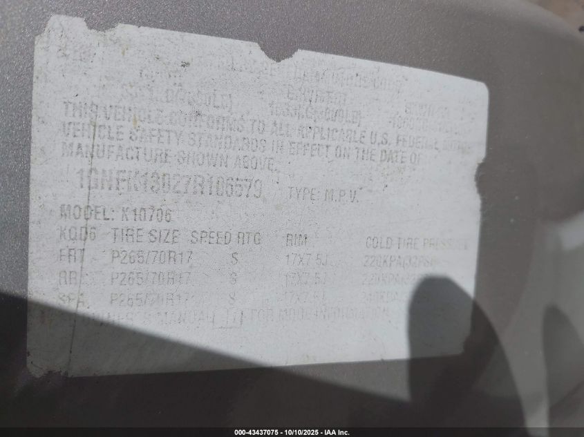 2007 Chevrolet Tahoe Lt VIN: 1GNFK13027R106579 Lot: 43437075