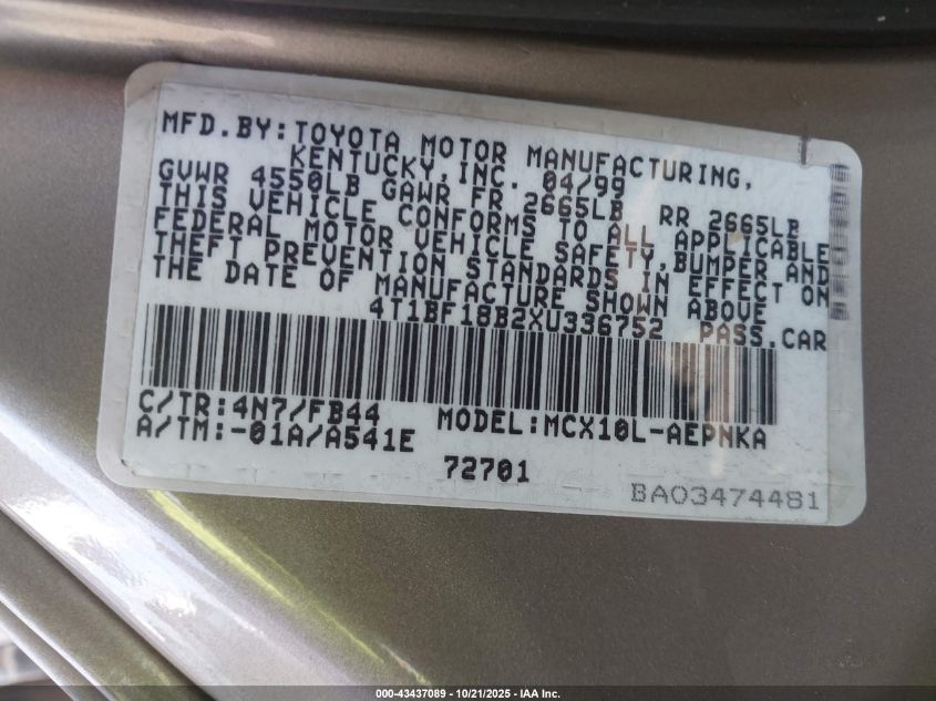 1999 Toyota Avalon Xl VIN: 4T1BF18B2XU336752 Lot: 43437089