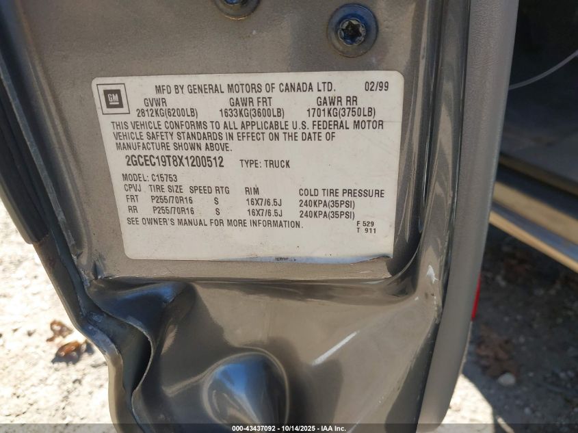 1999 Chevrolet Silverado 1500 Ls VIN: 2GCEC19T8X1200512 Lot: 43437092