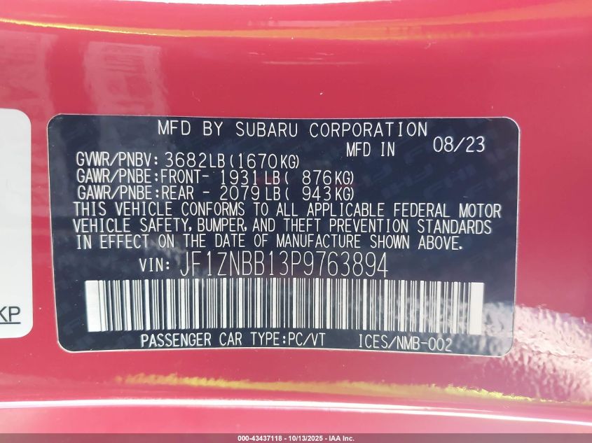 2023 Toyota Gr86 VIN: JF1ZNBB13P9763894 Lot: 43437118