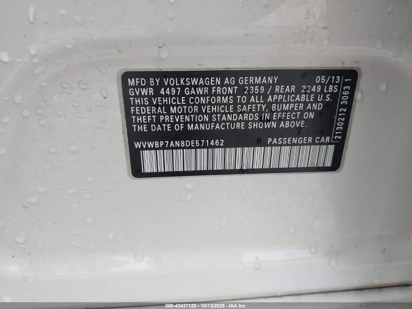 2013 Volkswagen Cc 2.0T Sport VIN: WVWBP7AN8DE571462 Lot: 43437128
