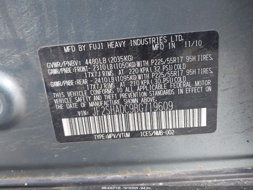 2011 Subaru Forester 2.5X Premium VIN: JF2SHADC9BG719609 Lot: 43437129