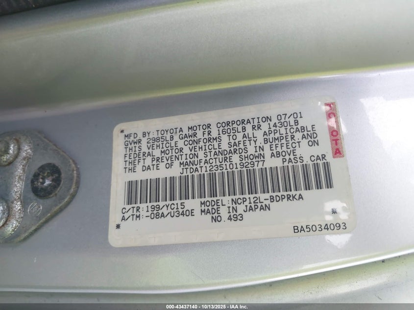 2001 Toyota Echo VIN: JTDAT123510192977 Lot: 43437140