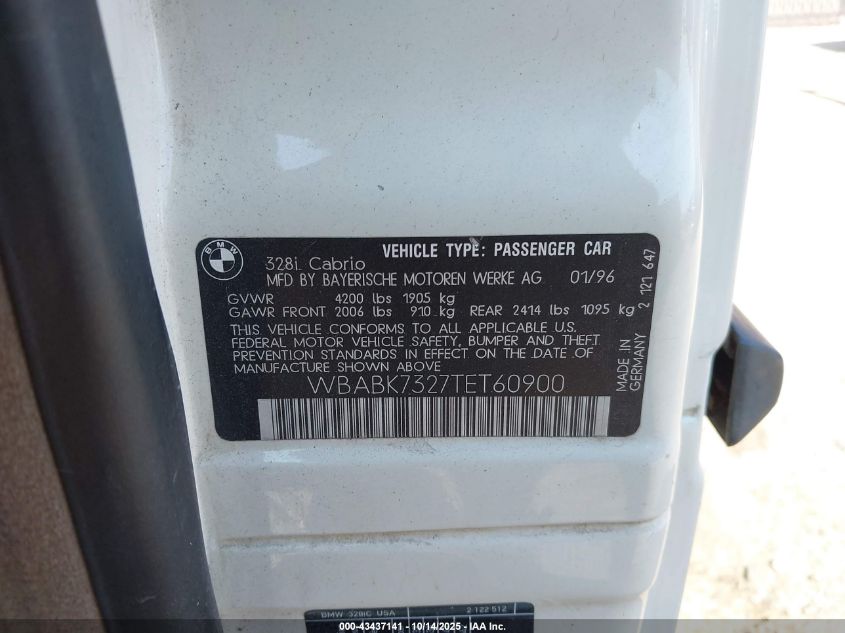 1996 BMW 328 Ic VIN: WBABK7327TET60900 Lot: 43437141