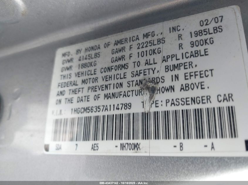 2007 Honda Accord 2.4 Se VIN: 1HGCM56357A114789 Lot: 43437142