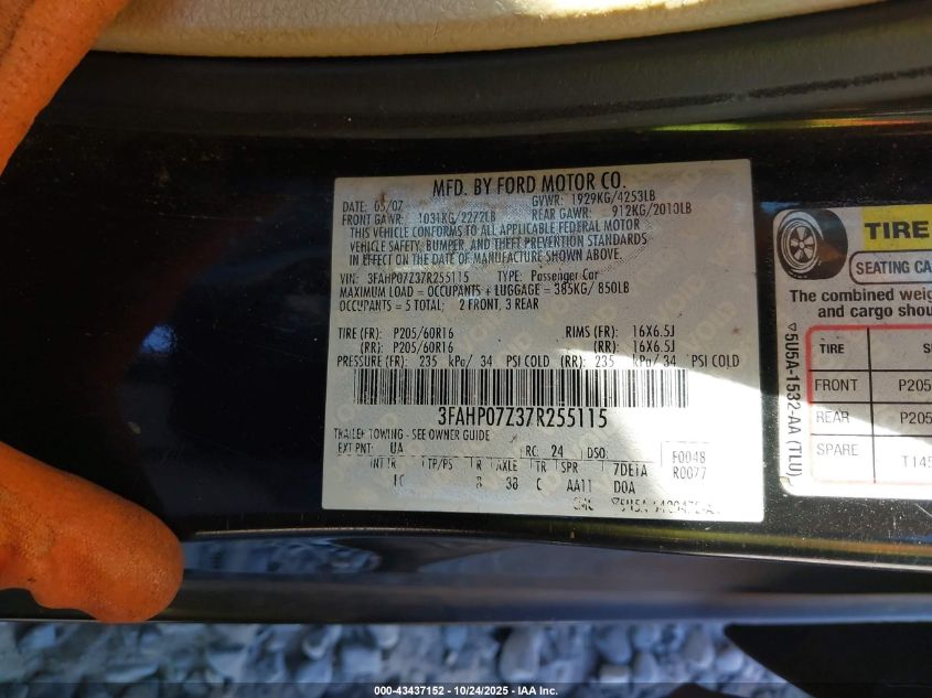 2007 Ford Fusion Se VIN: 3FAHP07Z37R255115 Lot: 43437152