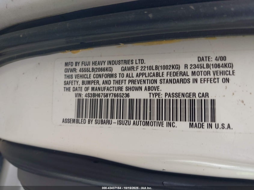 2000 Subaru Outback VIN: 4S3BH6758Y7665236 Lot: 43437154