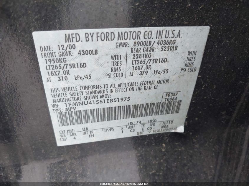2001 Ford Excursion Xlt VIN: 1FMNU41S61EB51975 Lot: 43437155