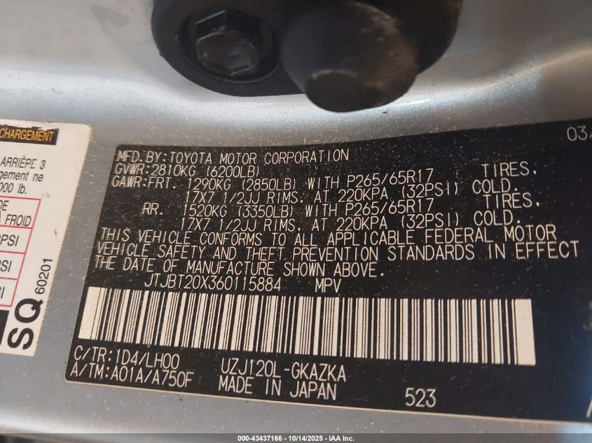 2006 Lexus Gx 470 VIN: JTJBT20X360115884 Lot: 43437166