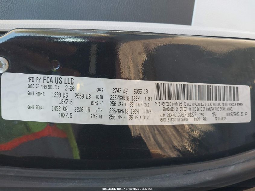 2020 Chrysler Pacifica Limited VIN: 2C4RC1GG0LR181277 Lot: 43437185