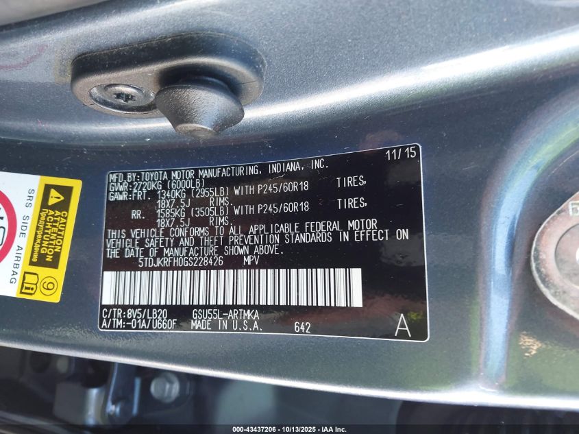 2016 Toyota Highlander Xle V6 VIN: 5TDJKRFH0GS228426 Lot: 43437206