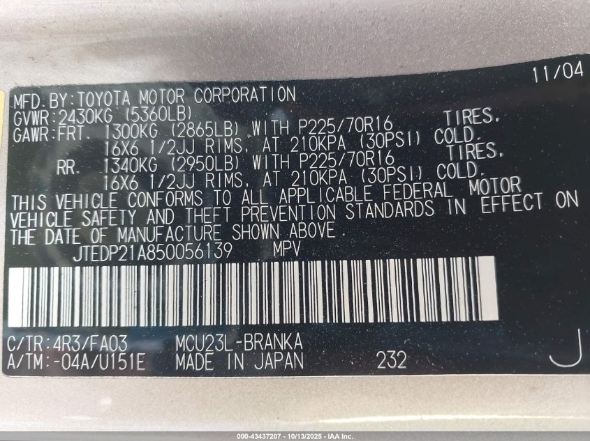 2005 Toyota Highlander V6 VIN: JTEDP21A850056139 Lot: 43437207