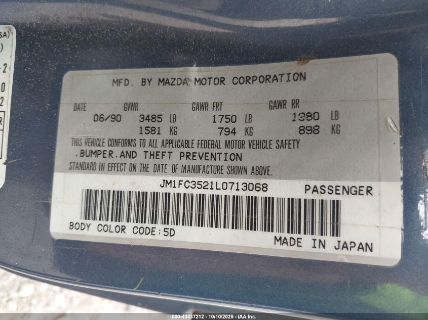 1990 Mazda Rx7 VIN: JM1FC3521L0713068 Lot: 43437212