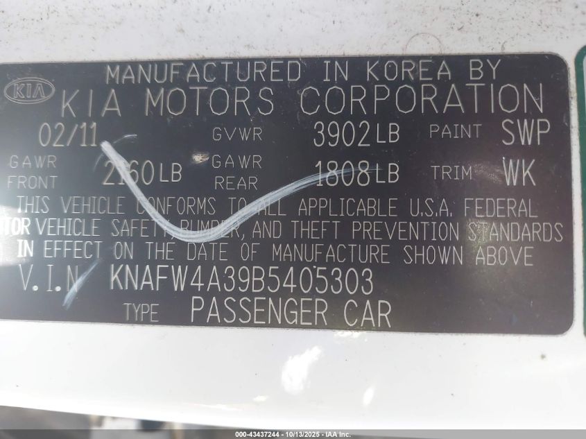 2011 Kia Forte Sx VIN: KNAFW4A39B5405303 Lot: 43437244