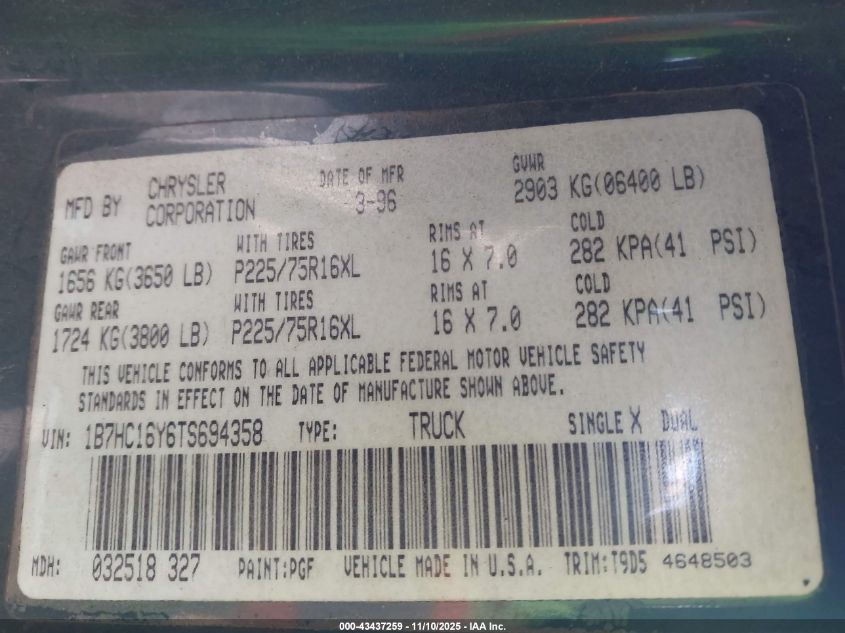 1996 Dodge Ram 1500 VIN: 1B7HC16Y6TS694358 Lot: 43437259