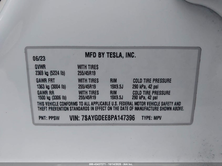 VIN 7SAYGDEE8PA147396 2023 TESLA MODEL Y AWD/LONG RANGE DUAL MOTOR ALL-WHEEL DRIVE