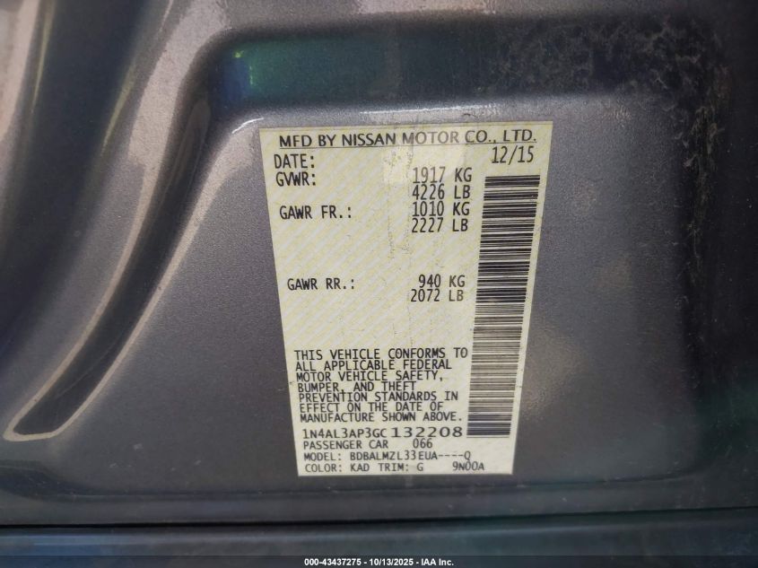 2016 Nissan Altima 2.5/2.5 S/2.5 Sl/2.5 Sr/2.5 Sv VIN: 1N4AL3AP3GC132208 Lot: 43437275