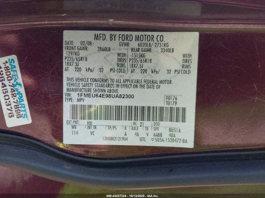 2008 Ford Explorer Eddie Bauer VIN: 1FMEU64E98UA82300 Lot: 43437324