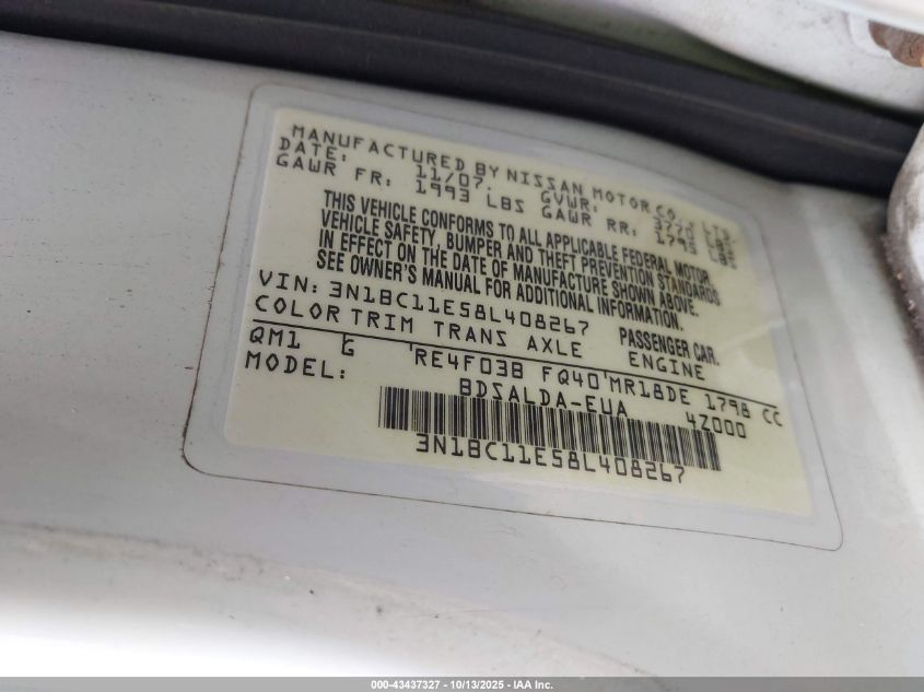 2008 Nissan Versa 1.8S VIN: 3N1BC11E58L408267 Lot: 43437327