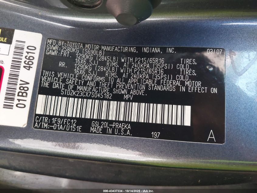 2007 Toyota Sienna Le VIN: 5TDZK23CX7S045182 Lot: 43437334