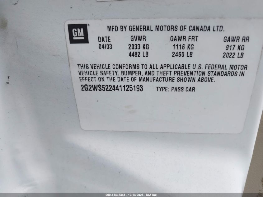 2004 Pontiac Grand Prix Gt VIN: 125193 Lot: 43437341