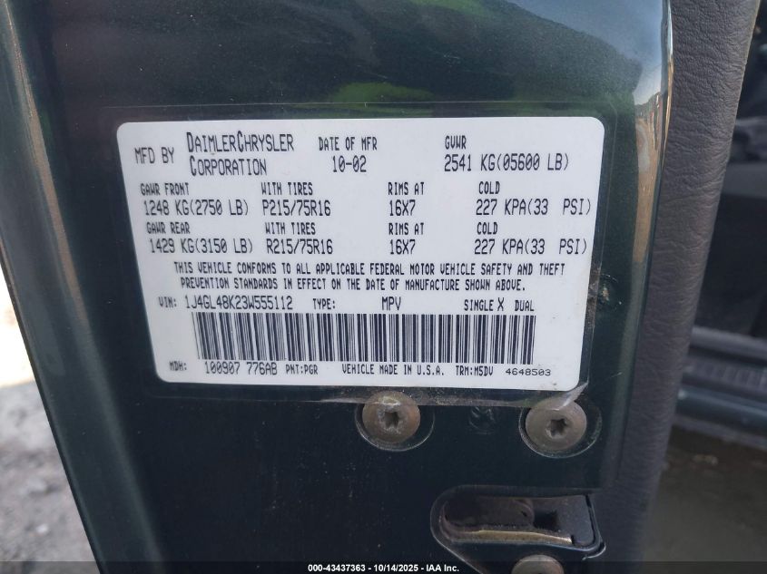 2003 Jeep Liberty Sport VIN: 1J4GL48K23W555112 Lot: 43437363