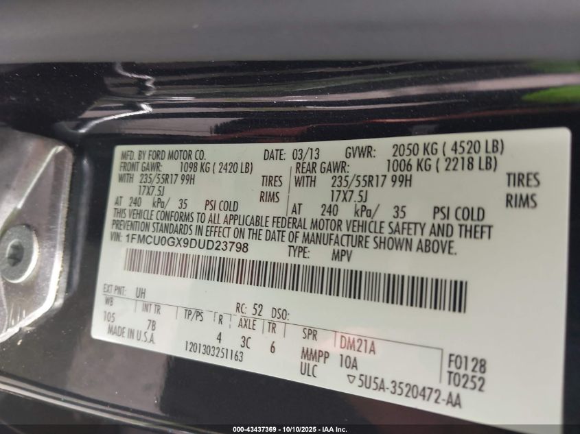 2013 Ford Escape Se VIN: 1FMCU0GX9DUD23798 Lot: 43437369