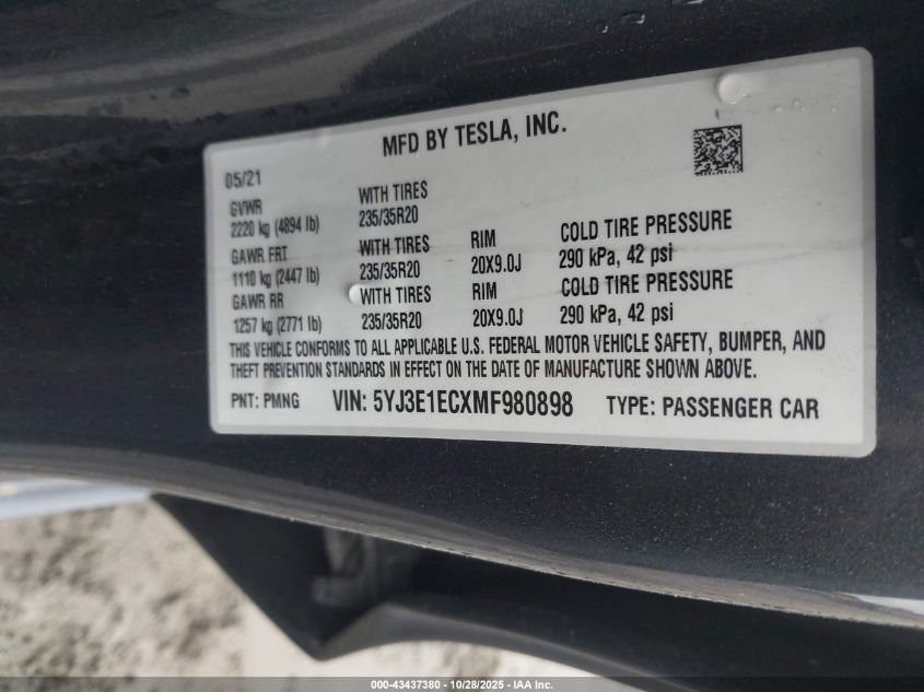2021 Tesla Model 3 Performance Dual Motor All-Wheel Drive VIN: 5YJ3E1ECXMF980898 Lot: 43437380