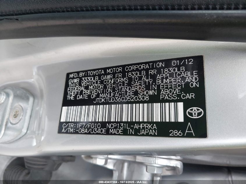 2012 Toyota Yaris Le VIN: JTDKTUD36CD520308 Lot: 43437384