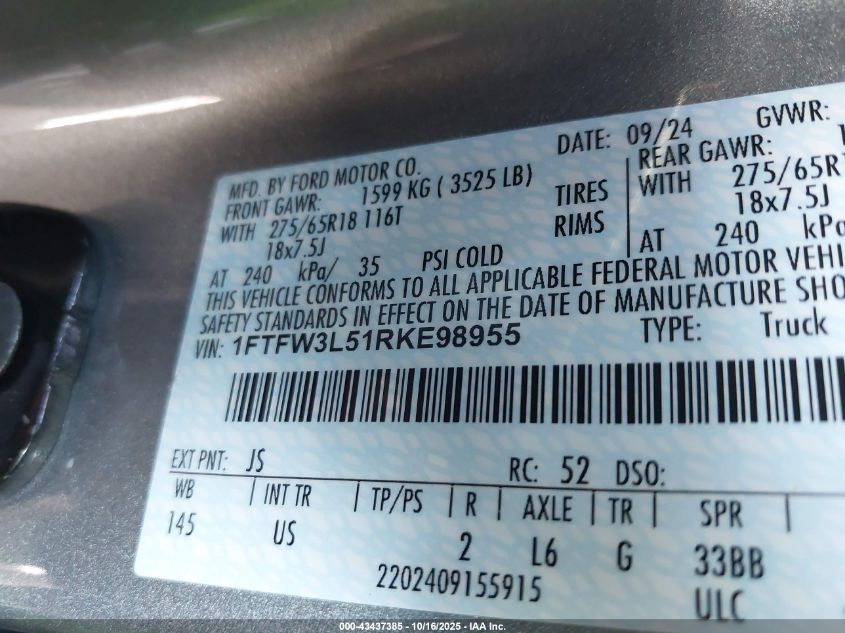 2024 Ford F-150 Xlt VIN: 1FTFW3L51RKE98955 Lot: 43437385