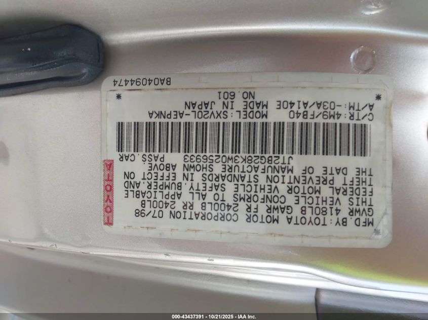 1998 Toyota Camry Le VIN: JT2BG28K3W0256933 Lot: 43437391