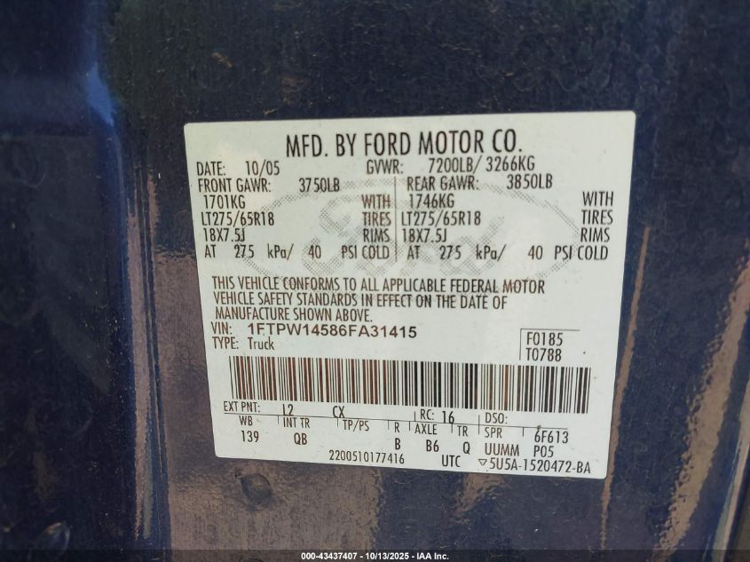 2006 Ford F-150 Fx4/Lariat/Xlt VIN: 1FTPW14586FA31415 Lot: 43437407