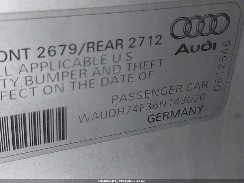 2006 Audi A6 3.2 VIN: WAUDH74F36N143020 Lot: 43437421