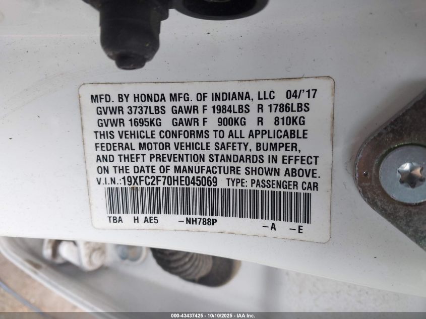 2017 Honda Civic Ex VIN: 19XFC2F70HE045069 Lot: 43437425