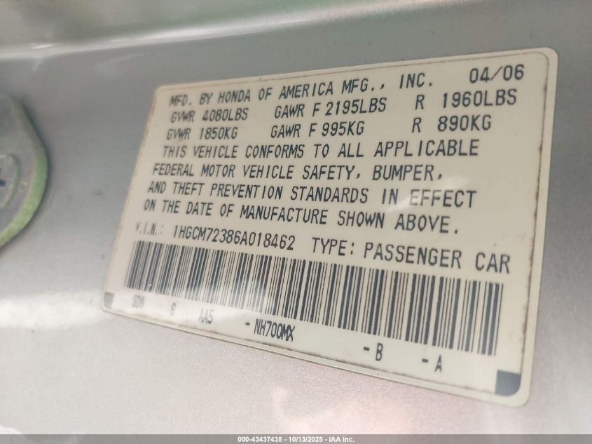 2006 Honda Accord 2.4 Lx VIN: 1HGCM72386A018462 Lot: 43437438