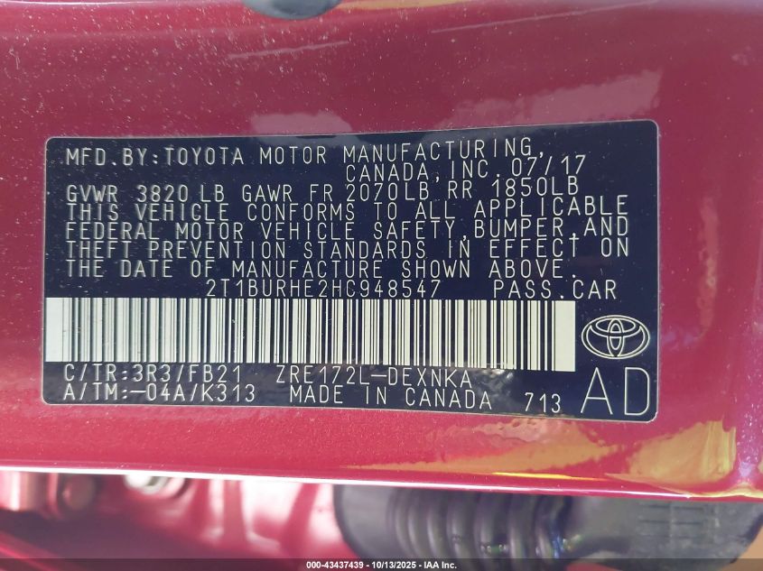 2017 Toyota Corolla Le VIN: 2T1BURHE2HC948547 Lot: 43437439