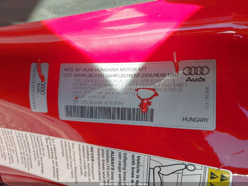 2008 Audi Tt 3.2 VIN: TRURD38J681033896 Lot: 43437467