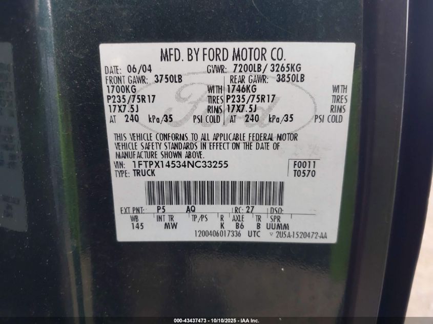 2004 Ford F-150 Fx4/Lariat/Xl/Xlt VIN: 1FTPX14534NC33255 Lot: 43437473